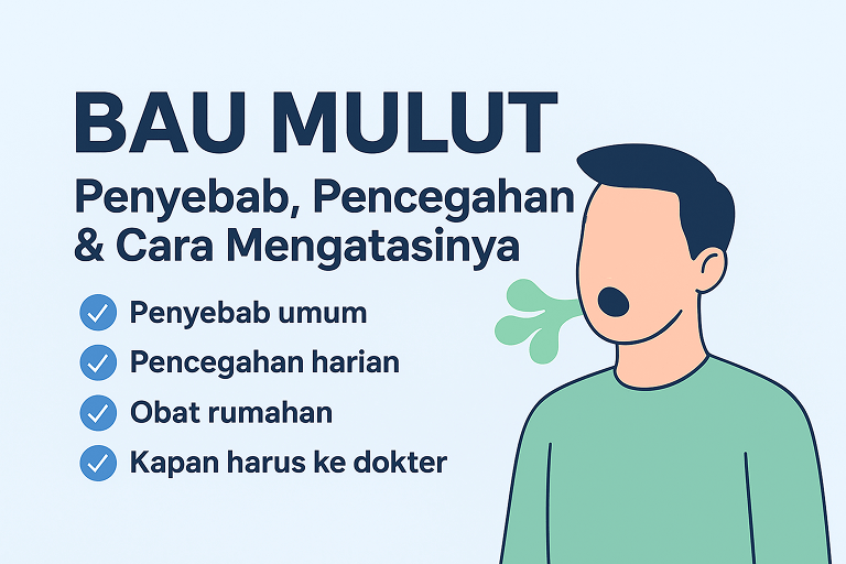 Ilustrasi cover: Bau Mulut — penyebab, pencegahan, dan cara mengatasinya.